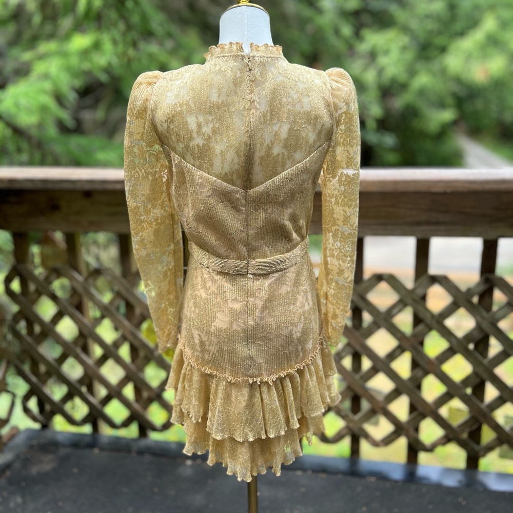 Saylor Dress Adria Gold Ruffled Lace Long Sleeve Mini  Medium Cocktail Formal EC - Picture 6 of 9